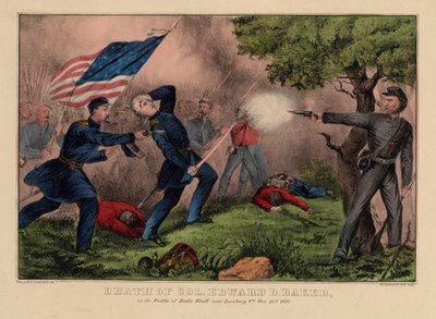 Śmierć pułkownika Edwarda D. Bakera w bitwie pod Balls Bluff niedaleko Leesburg VA, 21 października 1861, wyd. przez Currier i Ives, c.1861 autorstwa American School