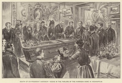 Śmierć byłego prezydenta Harrisona, scena w salonach domu Harrisona w Indianapolis (litografia) autorstwa American School