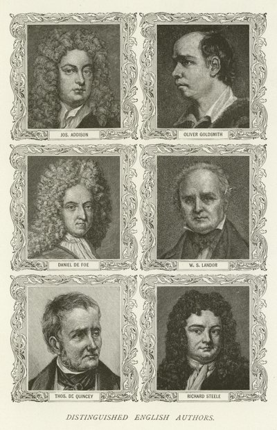 Wybitni autorzy angielscy, Joseph Addison, Oliver Goldsmith, Daniel de Foe, WS Landor, Thomas De Quincey, Richard Steele autorstwa American School