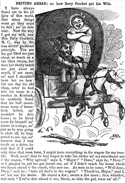 Jadąc naprzód, czyli jak Davy Crockett zdobywa swoją żonę, z almanachu Crocketta na rok 1856, opublikowany, Nowy Jork, 1855 autorstwa American School