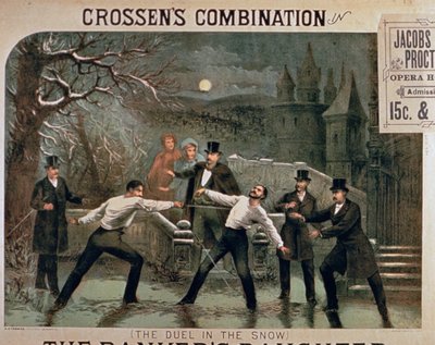 Pojedynek w śniegu, plakat do The Bankers Daughter, z udziałem Crossens Combination w Jacobs & Procter Opera House autorstwa American School