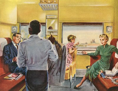 Rodzina korzystająca z kabiny pierwszej klasy podczas podróży pociągiem autorstwa American School