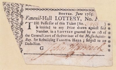 Bilet na loterię Faneuil-Hall, podpisany przez Johna Hancocka (1737-93) 1765 (tusz na papierze) autorstwa American School