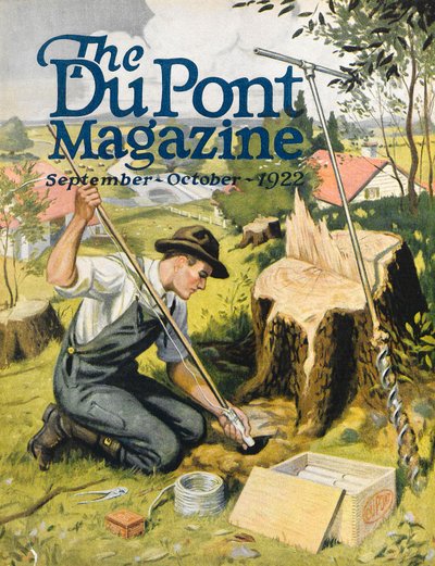 Rolnik podkładający dynamit DuPont, okładka magazynu DuPont, wrzesień-październik 1922 r. autorstwa American School