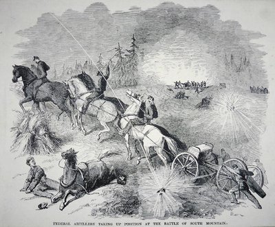 Artyleria federalna zajmująca pozycję w bitwie pod South Mountain, wrzesień 1862 (grawerowanie) autorstwa American School