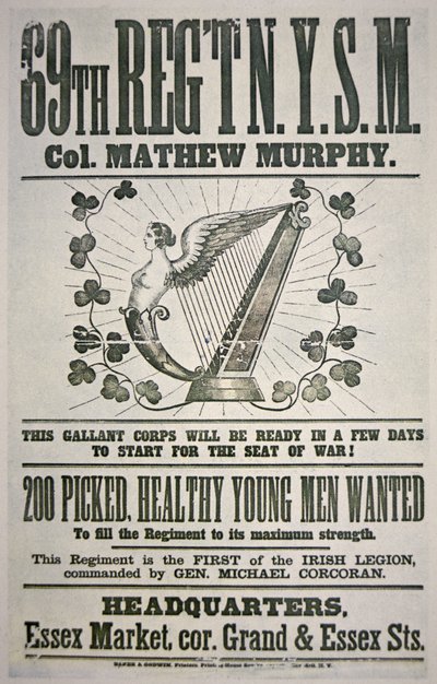 Federalny plakat rekrutacyjny dla 69. pułku, apelujący do irlandzkich imigrantów (kolor lito) autorstwa American School