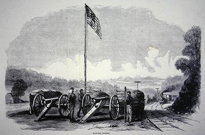 Federalna bateria worków z piaskiem do ochrony linii kolejowej podczas wojny secesyjnej (1861-65) (lito) autorstwa American School