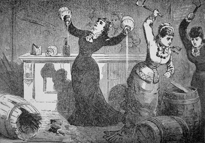 Członkinie Ligi Anty-Saloon rozbijają saloon, Fredericktown, Ohio, z „Gazety Policyjnej” autorstwa American School