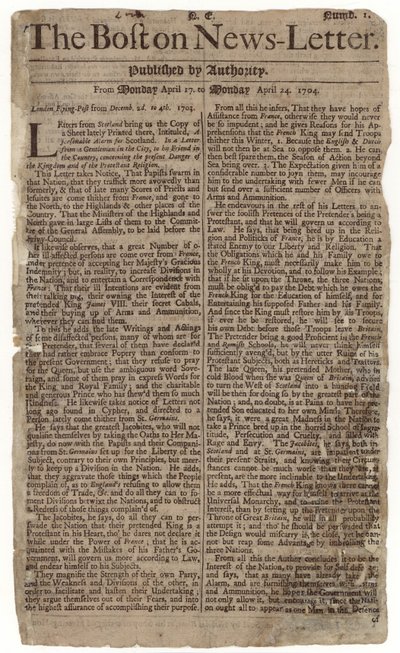 Pierwszy numer Boston News-Letter, 1704 (newsprint) autorstwa American School