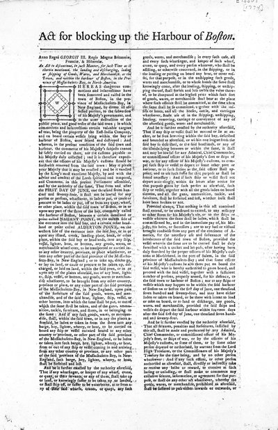 Pierwsza strona awersu przedstawiającego ustawę o blokowaniu portu w Bostonie, 1774 (druk gazetowy) autorstwa American School