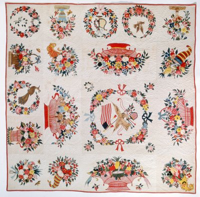 Kołdra z flagą i kwiatami, ok. 1860 (bawełna) autorstwa American School