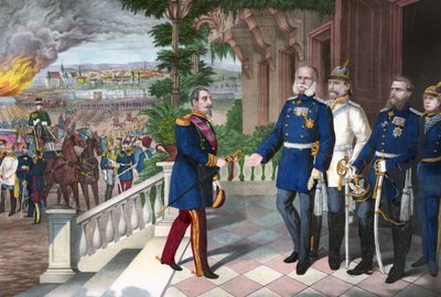 Wojna francusko-pruska 1870-1871: kapitulacja Napoleona III po bitwie pod Sedanem, 2 września 1870 r. Grawerowanie kolorowe, amerykański, c1871 - Wojna 1870: Napoleon III (1808-1873) więzień po bitwie pod Sedanem spotyka Williama I Pruski (1797- autorstwa American School