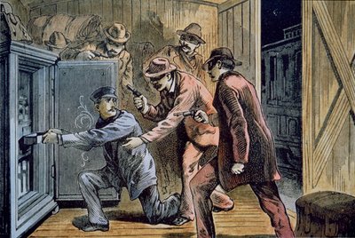 Frank i Jesse James Gang rabują wagon ekspresowy pociągu w 1879 r. (kolor lito) autorstwa American School