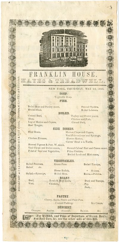 Menu Domu Franklina na 23 maja 1844 r., 1844 r. (menu grawerowane) autorstwa American School