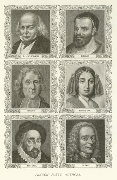 Francuscy poeci, autorzy, P J De Beranger, Rabelais, Fenelon, George Sand, Montaigne, Voltaire autorstwa American School