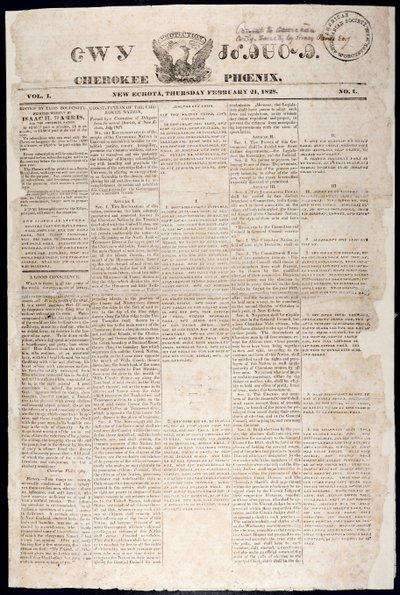 Strona tytułowa z Cherokee Phoenix, 21 lutego 1828 (druk) autorstwa American School