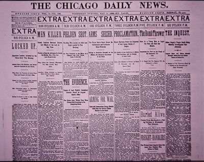 Pierwsza strona Chicago Daily News donosząca o zamieszkach robotniczych w Chicago Haymarket, 5 maja 1886 (druk gazetowy) autorstwa American School