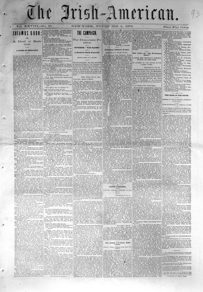 Strona tytułowa The Irish-American, opublikowanej w Nowym Jorku, 4 listopada 1876 (newsprint) autorstwa American School