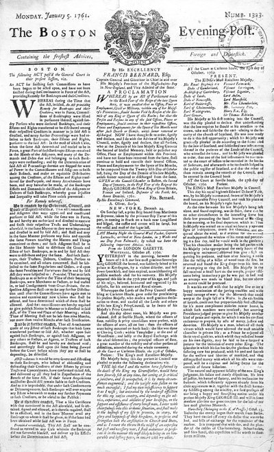Strona tytułowa Boston Evening Post ogłaszająca śmierć króla Jerzego II (1683-1760), 5 stycznia 1761 (druk) autorstwa American School