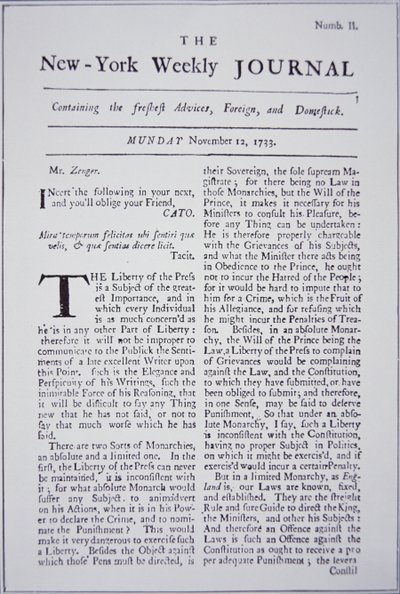 Pierwsza strona New-York Weekly Journal omawiająca wolność prasy autorstwa American School