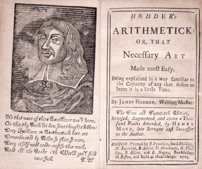 Frontyspis i strona tytułowa Hodders Arithmetic lub, That Necessary Art Made most Easy, autorstwa Jamesa Hoddera, 1719 autorstwa American School
