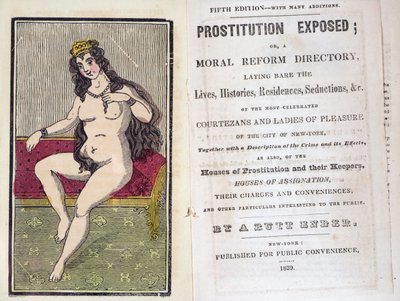 Frontyspis i strona tytułowa „Prostitution Exposed” A. Butta Endera, opublikowana w Nowym Jorku 1839 autorstwa American School