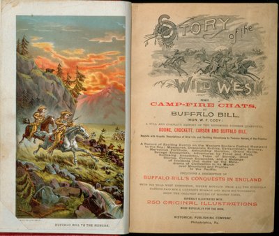 Frontyspis i strona tytułowa do Story of the Wild West and Camp Fire Chats autorstwa Buffalo Billa (1846-1917) autorstwa American School