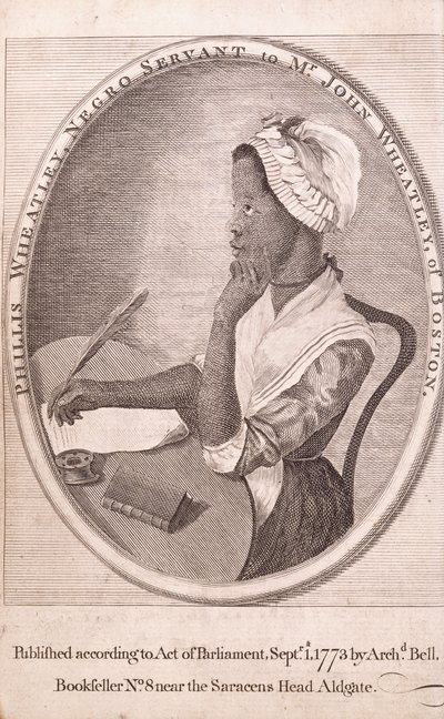 Frontyspisowy portret autora, Phillisa Wheatleya, z książki „Wiersze na różne tematy, religijne i moralne” autorstwa American School