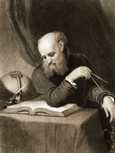Galileusz z kompasem i diagramami, ok. 1880 r. (rycina) autorstwa American School