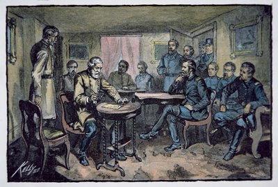 Generał Robert E. Lee (1807-70) poddaje się generałowi Ulyssesowi S. Grantowi (1822-85) w gmachu sądu Appomattox, 9 kwietnia 1865 (kolor lito) autorstwa American School