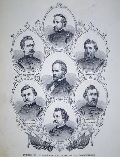 Generał William Tecumseh Sherman (1820-91) i niektórzy z dowódców armii Unii (rycina) autorstwa American School