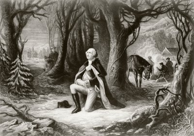 George Washington modli się w obozie Valley Forge z czasów wojny o niepodległość Stanów Zjednoczonych zimą 1777-78, według obrazu Henry