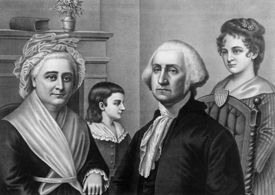 George Washington z żoną Martą Washington i dziećmi w Mount Vernon. Grawer około 1880 roku. autorstwa American School