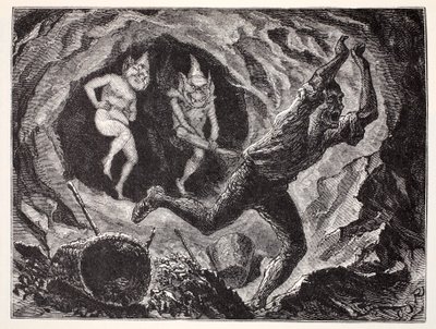 Gnomy przerażają górnika, z The World Guide to Gnomes, Fairies, Elves and Other Little People autorstwa Thomasa Keightleya (1789-1872) Opublikowano 1880 autorstwa American School