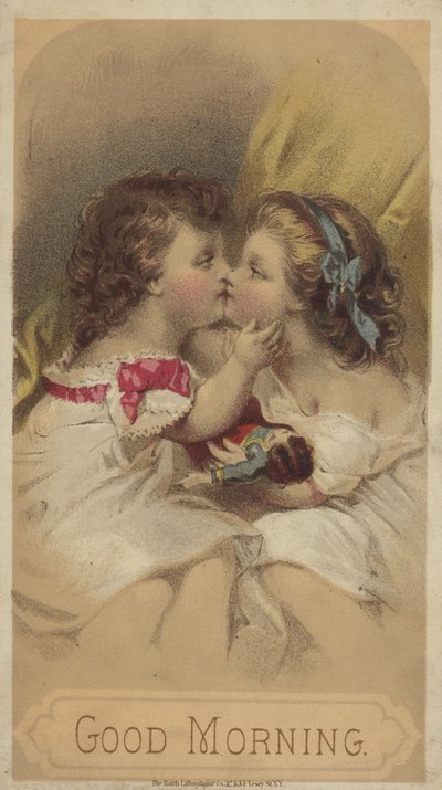 Dzień dobry, całujące się dzieci (chromolitho) autorstwa American School