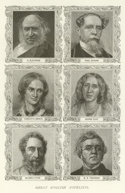 Wielcy angielscy powieściopisarze, R. Blackmore, Charles Dickens, Charlotte Bronte, George Eliot, Bulwer-Lytton, WM Thackeray autorstwa American School
