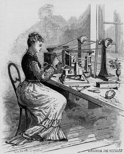 Grooving the Needles, ilustracja przedstawiająca produkcję maszyn do szycia z magazynu Scientific American, 1879 autorstwa American School