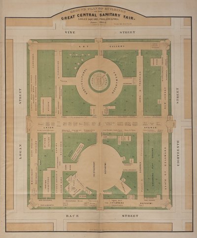 Plan budynków Wielkich Centralnych Targów Sanitarnych, Logan Square, czerwiec 1864 r. (kolorowa litografia) autorstwa American School