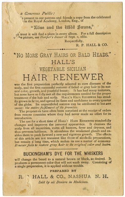 „Halls“ augalinis sicilietiškas plaukų atnaujinimas, atkuria žilus plaukus į pradinę spalvą ir apsaugo nuo nuplikimo. Verso, (litografija [prekybos kortelė])poli autorstwa American School