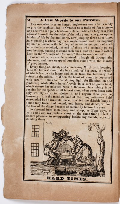 Ciężkie czasy, strona 2 z The American Comic Almanac dla 1838 r. autorstwa American School