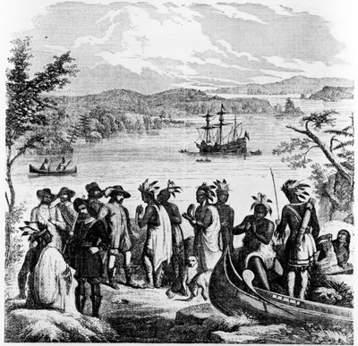 Henry Hudson schodząc z rzeki Hudson, ilustracja z książki Ballou
