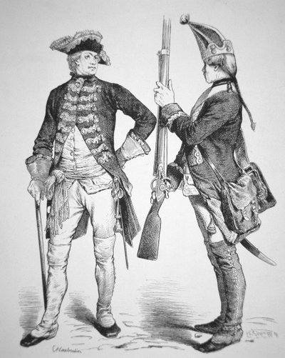 Hescy żołnierze z 1770 r. w mundurach z czasów wojny o niepodległość Stanów Zjednoczonych (rycina) autorstwa American School