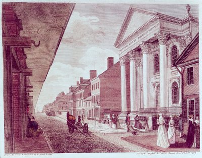 Główna ulica z pierwszym kościołem prezbiteriańskim, Filadelfia, 1799 autorstwa American School