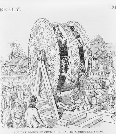 Sporty wakacyjne na Cejlonie, jazda na okrągłym kole, ok. 1893 (ilustracja) autorstwa American School