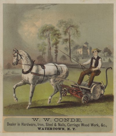 Kosiarka do trawy ciągnącej konie (chromolitho) autorstwa American School