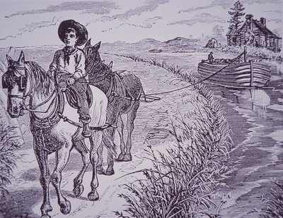 Konie ciągnące łódkę na ścieżce holowniczej, kanał Erie (rycina) autorstwa American School