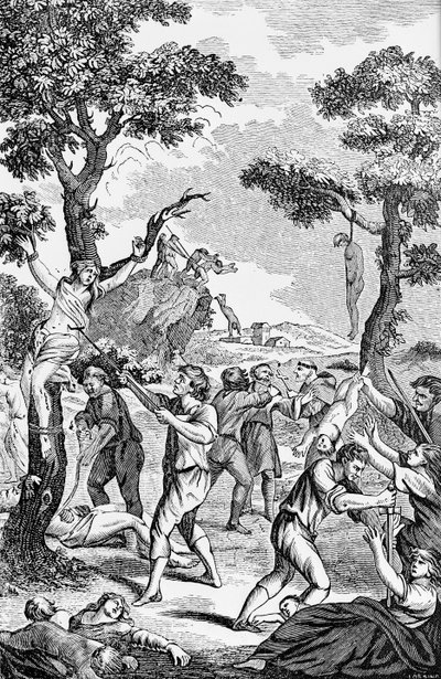 Ilustracja z antykatolickiej broszury przedstawiająca mordowanie kobiet i dzieci autorstwa American School