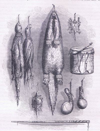 Indiańska torba na lekarstwa, tajemniczy gwizdek, bitwy i bęben 1661, ilustracja z pubu Cassell