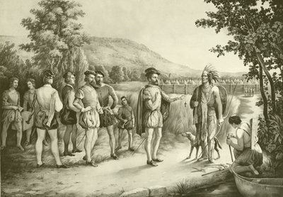 Jacques Cartier, jego pierwszy wywiad z Indianami w Hochelaga (obecnie Montreal) w 1535 r., ok. 1850 r. autorstwa American School
