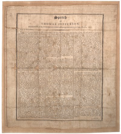 Pierwsze przemówienie inauguracyjne Jeffersona, wydrukowane przez Pechin, Baltimore, 4 marca 1801 r. (lito na jedwabiu) autorstwa American School
